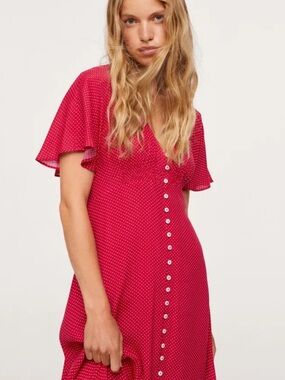 Mango Red Polka Dot Button-Front Midi Dress